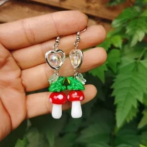 Amanita Mushroom Frog Heart Earrings Forest Cottagecore Nature Bohemian Hippie